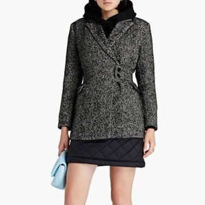 NWT GANNI Black Herringbone Wool Belted Blazer